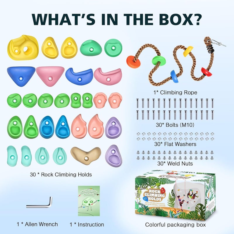 TOPNEW 30PCS Rock Climbing Holds with 6.56FT Climbing Rope - Climbing Rocks for Indoor/Outdoor Kids Adults Rock Wall, Play Set & Playground Gym - Image 2